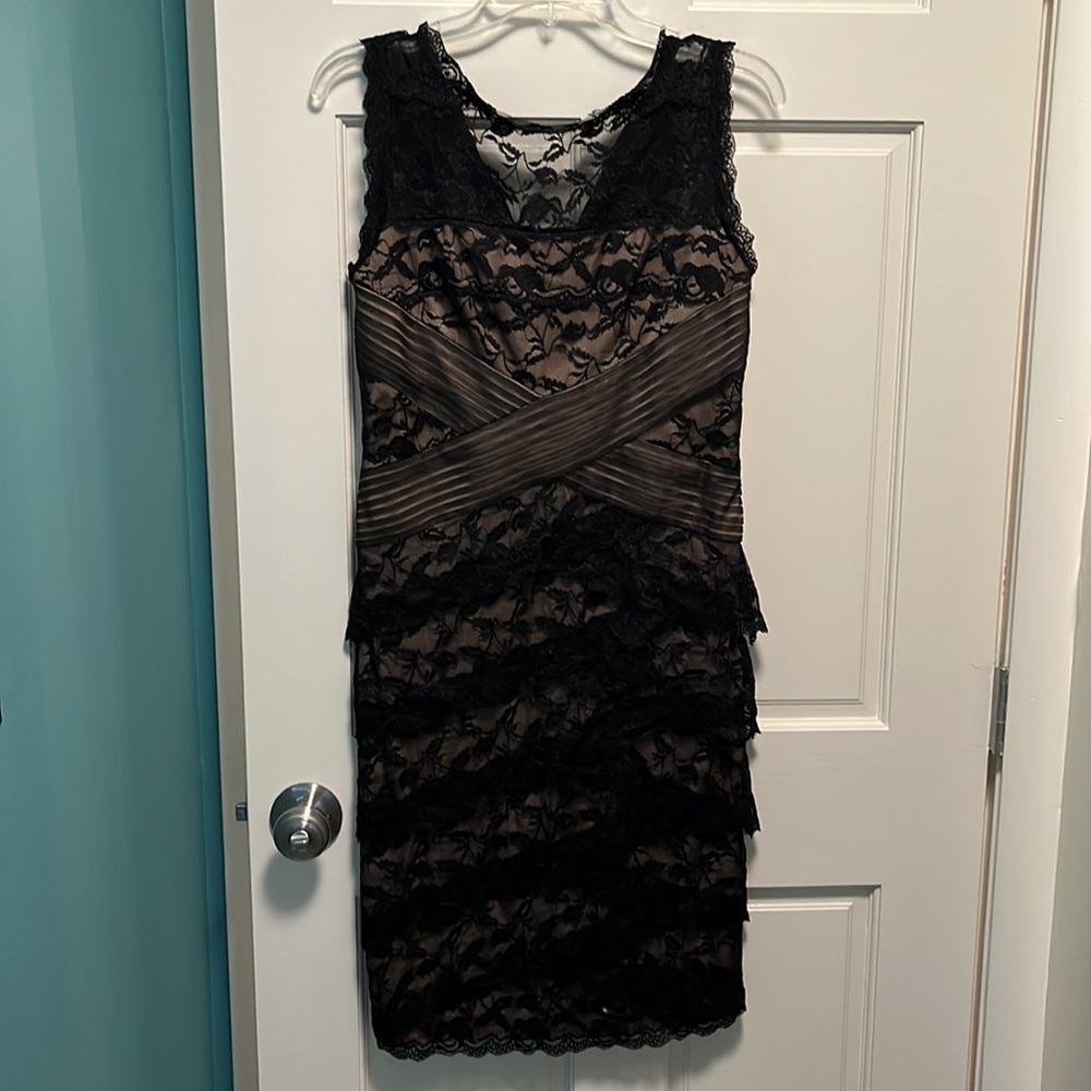 Black and Tan Lace Asymmetrical Cocktail Dress